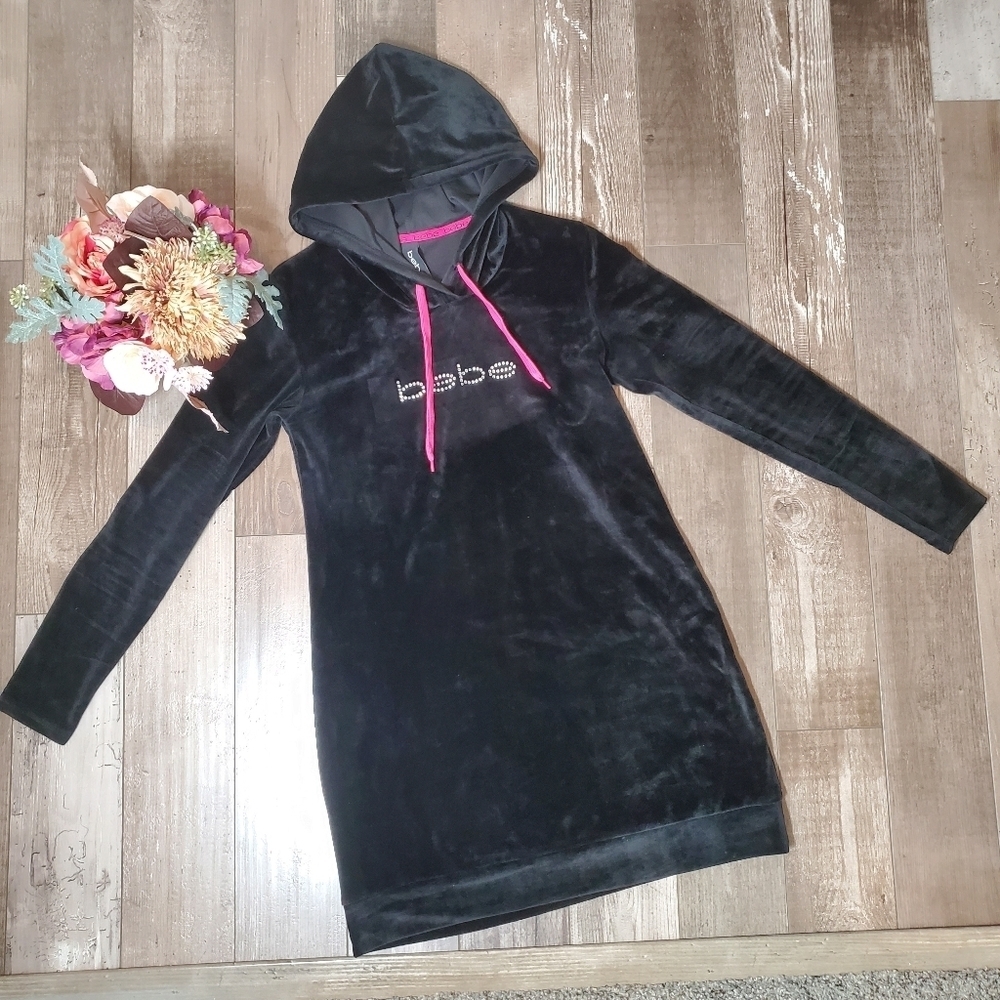 Bebe Women's Black and Pink Rhinestone Sleepwear Dress Velour Size Medium - Picture 10 of 17